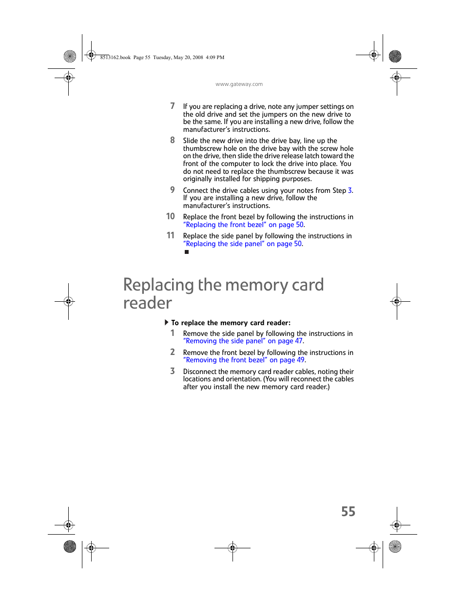 Replacing the memory card reader, To replace the memory card reader | Gateway FX542X User Manual | Page 61 / 154