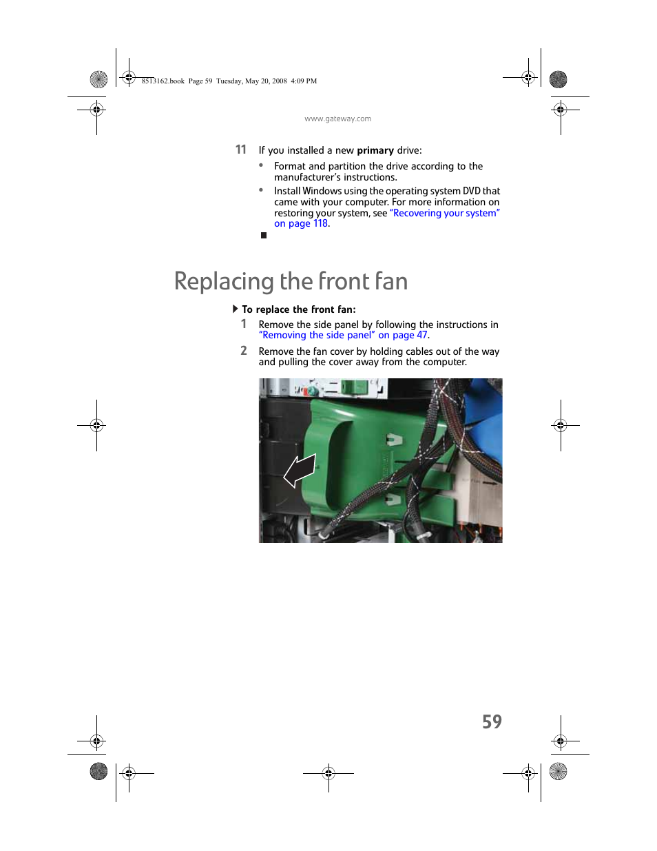 Replacing the front fan, To replace the front fan | Gateway FX542X User Manual | Page 65 / 154