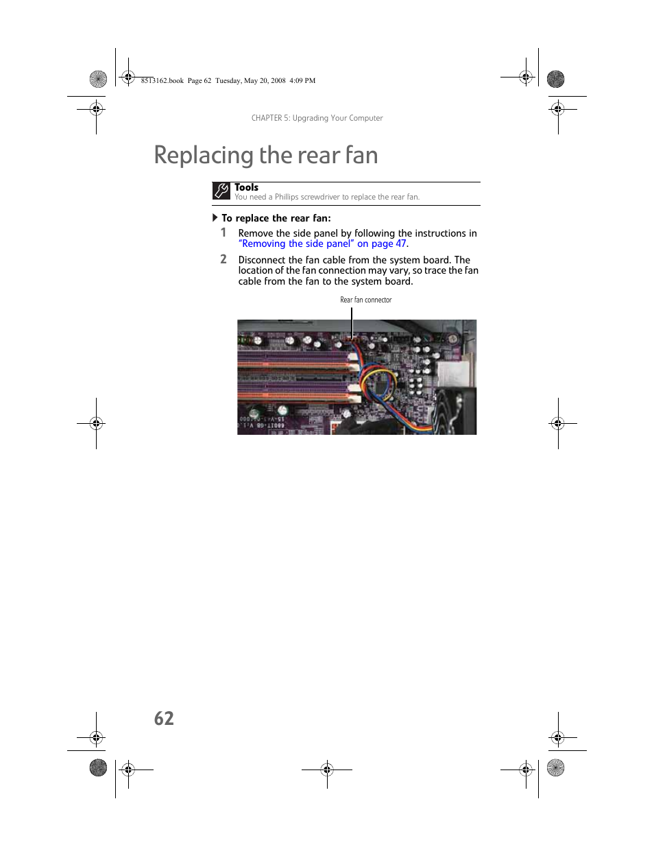 Replacing the rear fan, To replace the rear fan | Gateway FX542X User Manual | Page 68 / 154