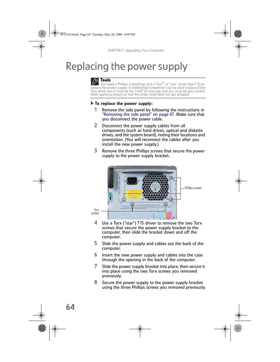 Replacing the power supply, To replace the power supply | Gateway FX542X User Manual | Page 70 / 154