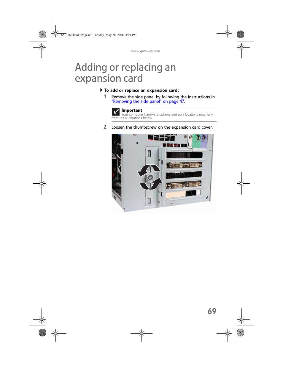 Adding or replacing an expansion card, To add or replace an expansion card | Gateway FX542X User Manual | Page 75 / 154