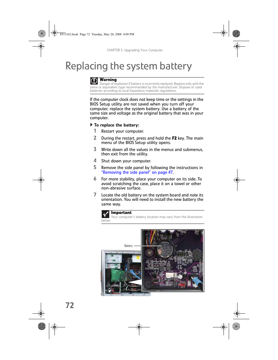 Replacing the system battery, To replace the battery | Gateway FX542X User Manual | Page 78 / 154