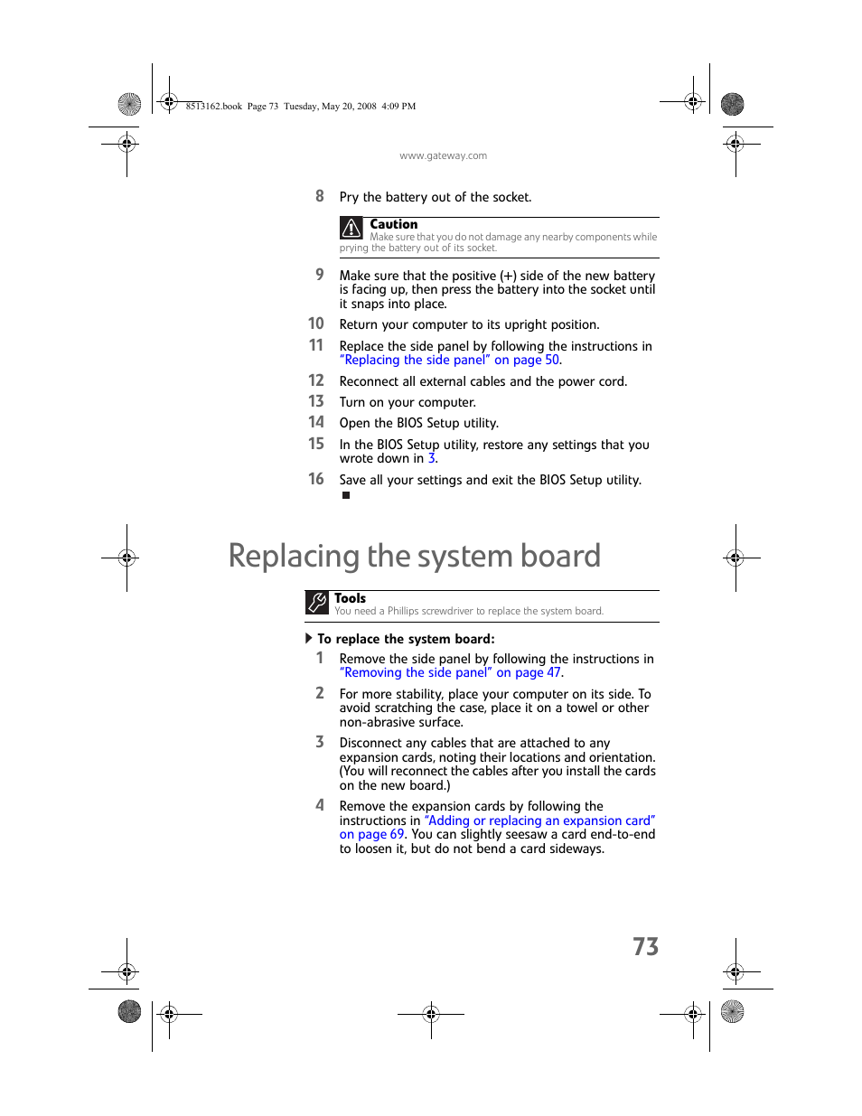 Replacing the system board, To replace the system board | Gateway FX542X User Manual | Page 79 / 154