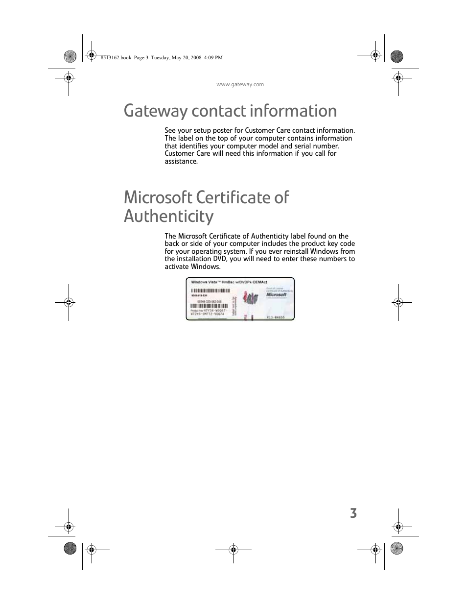 Gateway contact information, Microsoft certificate of authenticity | Gateway FX542X User Manual | Page 9 / 154