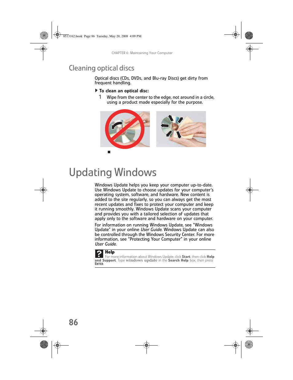 Cleaning optical discs, To clean an optical disc, Updating windows | Gateway FX542X User Manual | Page 92 / 154
