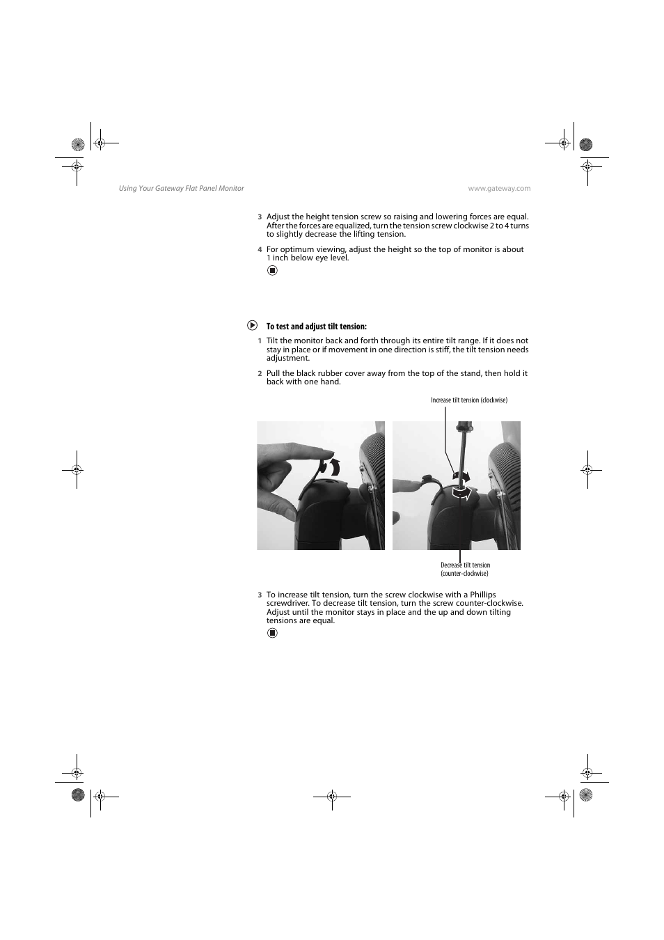Adjusting tilt (vertical viewing angle) tension, To test and adjust tilt tension | Gateway FPD1985 User Manual | Page 10 / 34