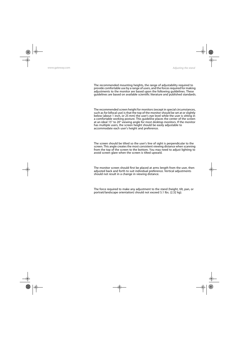 Ergonomic guidelines, Screen height, Screen tilt | Screen distance from user, Stand adjustment forces | Gateway FPD1985 User Manual | Page 11 / 34