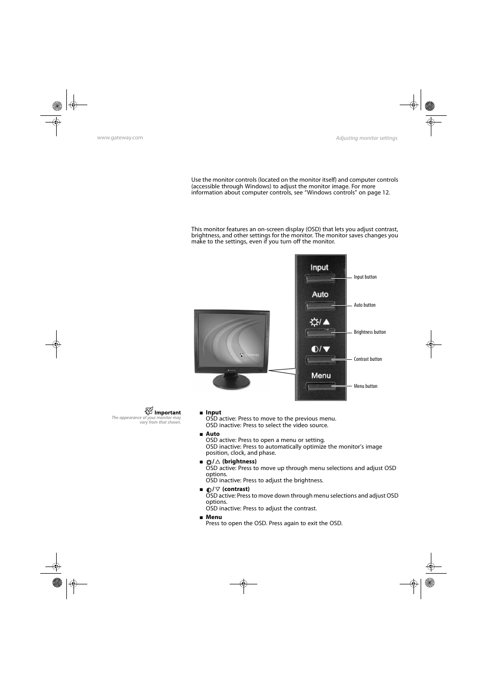 Adjusting monitor settings, Monitor buttons | Gateway FPD1985 User Manual | Page 13 / 34