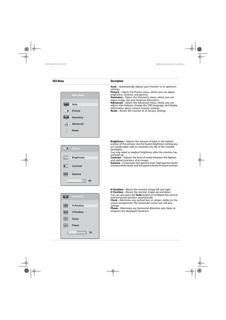 Osd menus, Main menu, Picture menu | Geometry menu | Gateway FPD1985 User Manual | Page 15 / 34