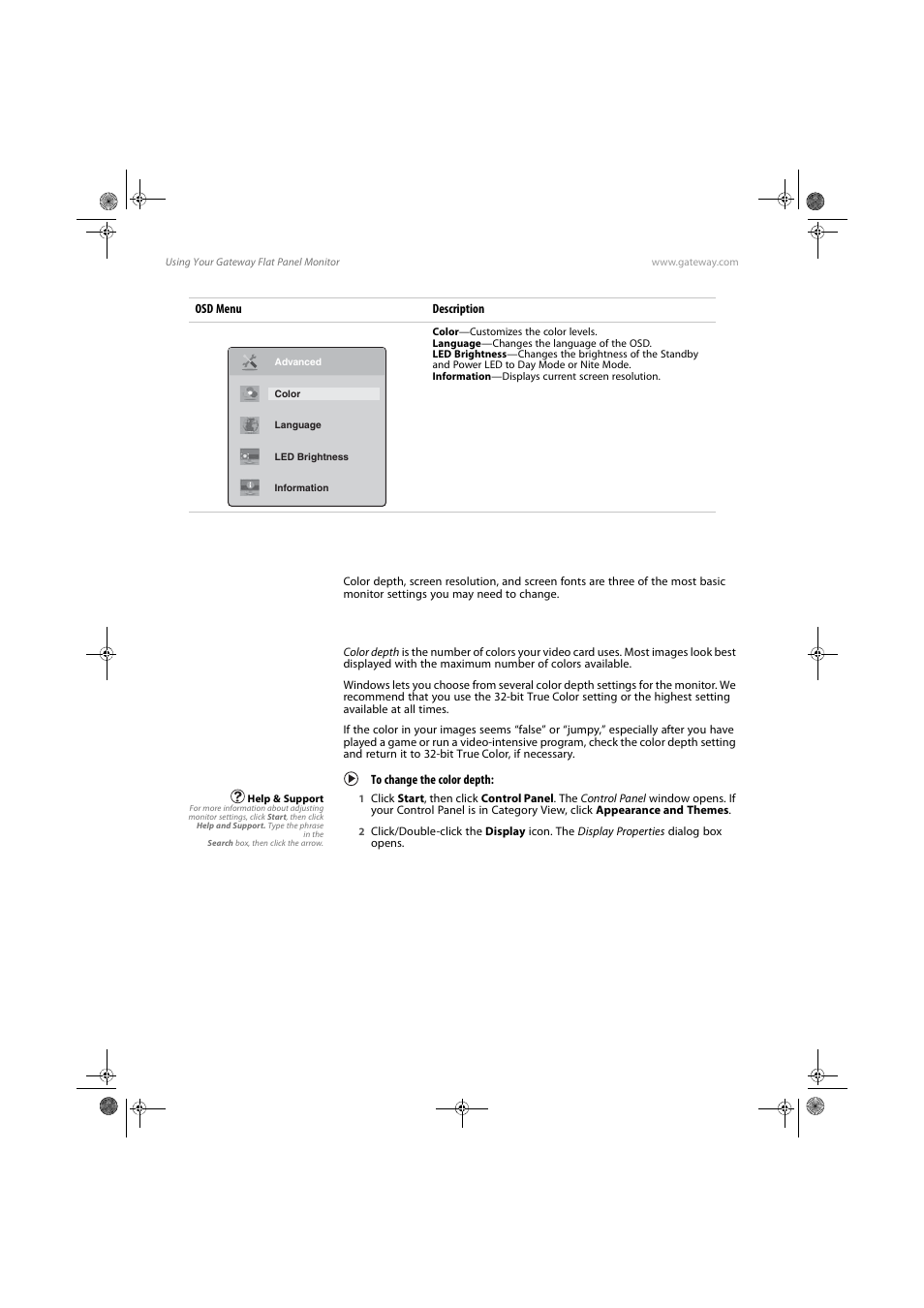 Advanced menu, Windows controls, Adjusting the color depth | To change the color depth | Gateway FPD1985 User Manual | Page 16 / 34