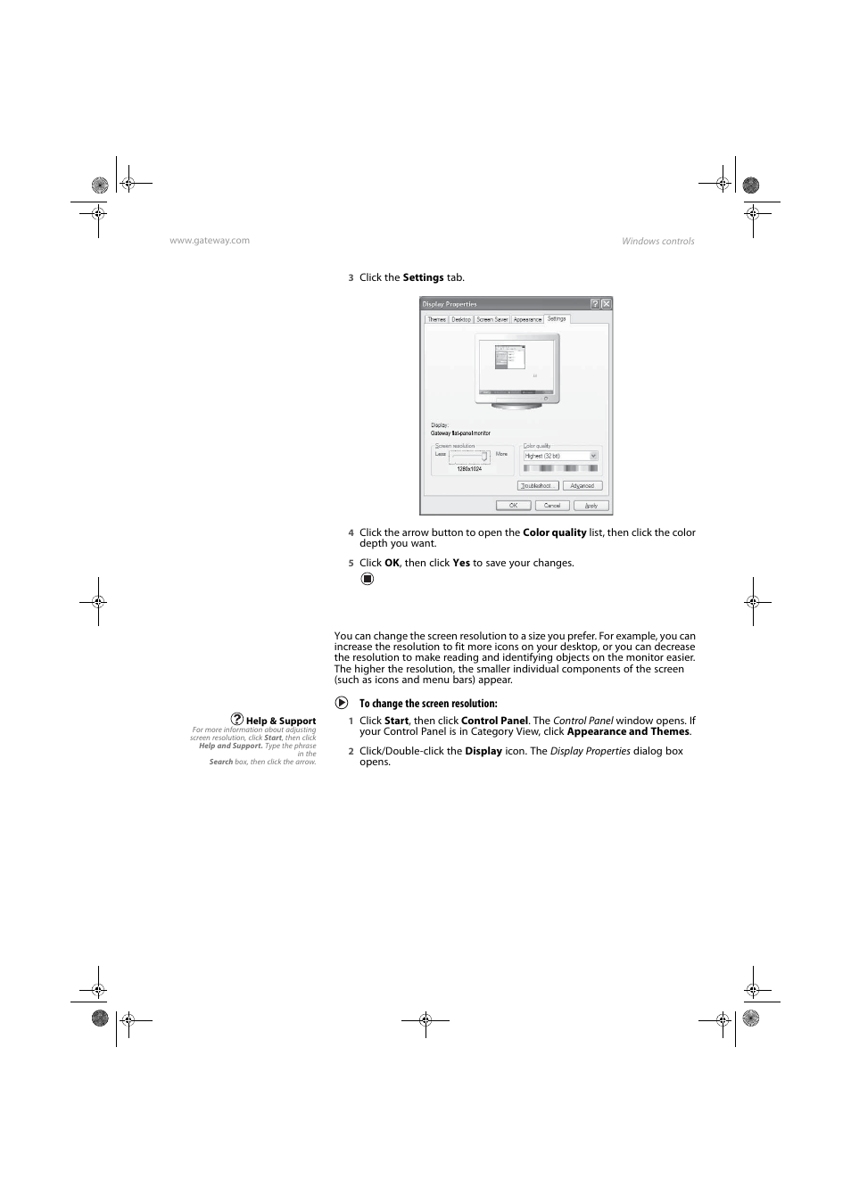 Adjusting the screen resolution, To change the screen resolution | Gateway FPD1985 User Manual | Page 17 / 34