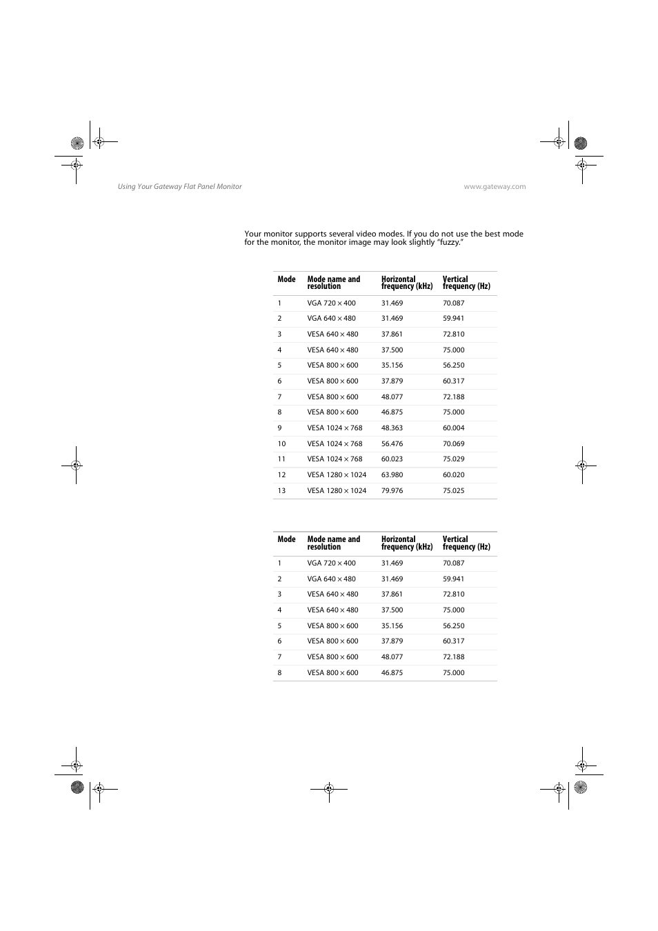 Video modes, Inch monitor | Gateway FPD1985 User Manual | Page 20 / 34