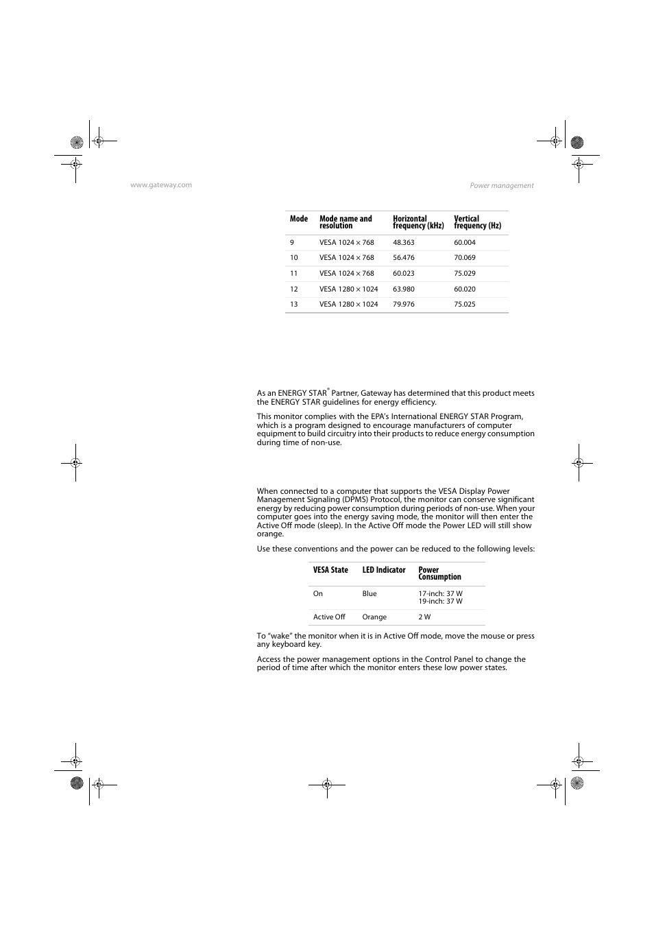 Power management, Energy star, Energy declaration | Energy star energy declaration | Gateway FPD1985 User Manual | Page 21 / 34
