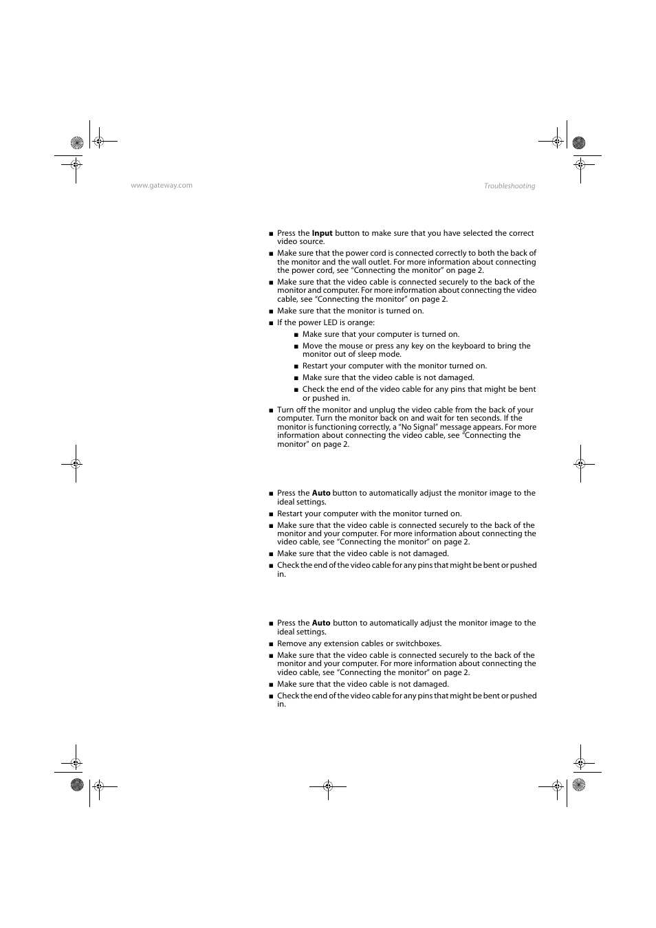 No picture, Monitor colors are wrong, Picture has shadows or “ghosts | Gateway FPD1985 User Manual | Page 23 / 34