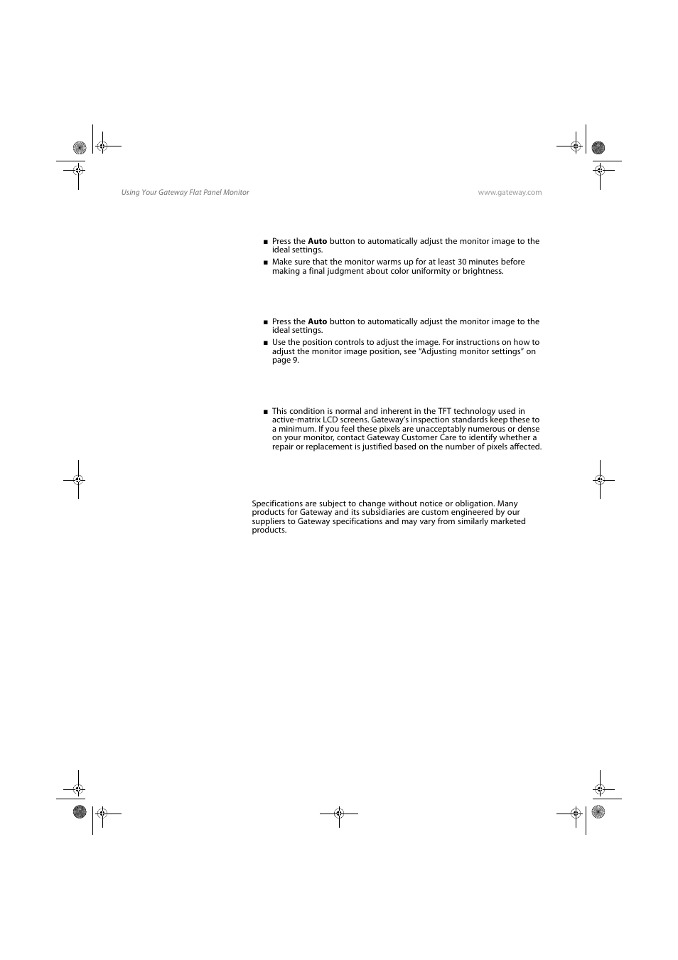 Color is not uniform, Image is not sized or centered correctly, Specifications | Gateway FPD1985 User Manual | Page 24 / 34