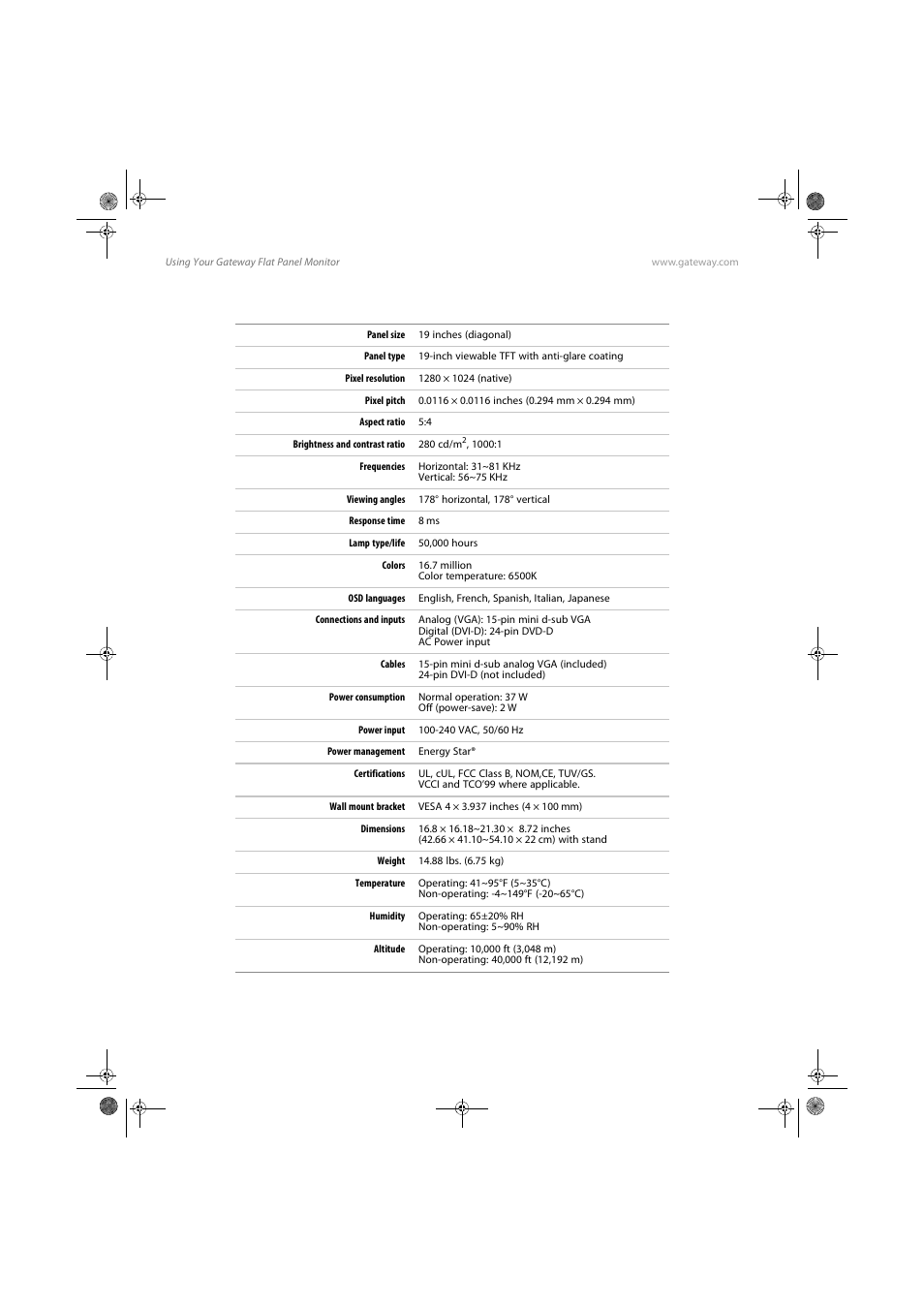 Inch monitor | Gateway FPD1985 User Manual | Page 26 / 34