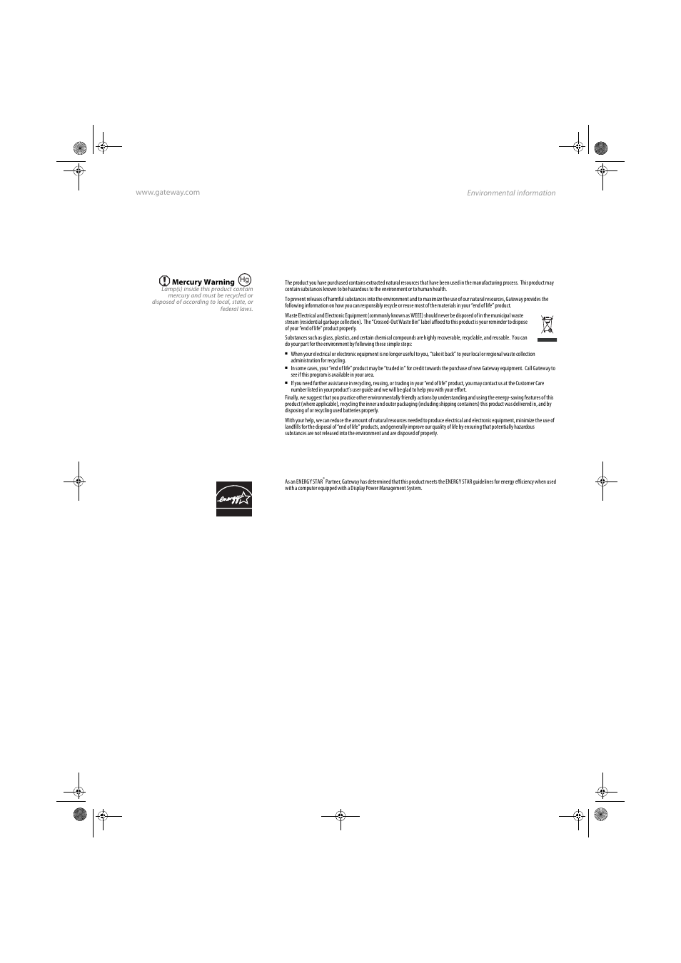 Recycling, Epa energy star, Recycling epa energy star | Environmental information | Gateway FPD1985 User Manual | Page 29 / 34