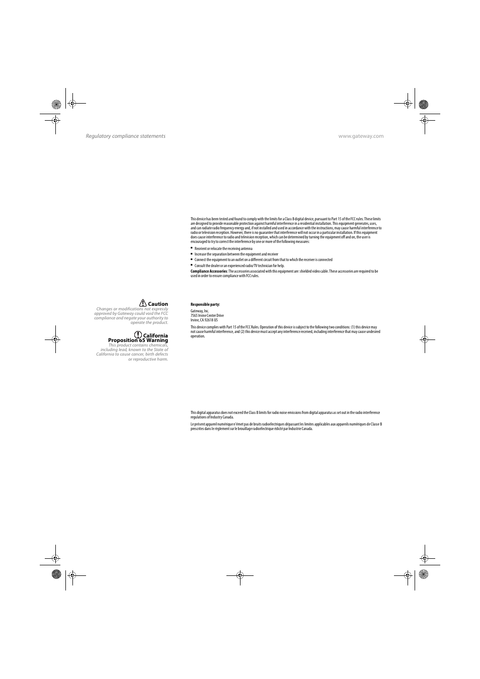 Regulatory compliance statements, United states of america, Canada | Gateway FPD1985 User Manual | Page 30 / 34