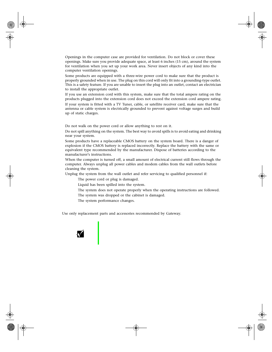 Care during use, Replacement parts and accessories, Safety, regulatory, and notices | Gateway 7250R User Manual | Page 109 / 135