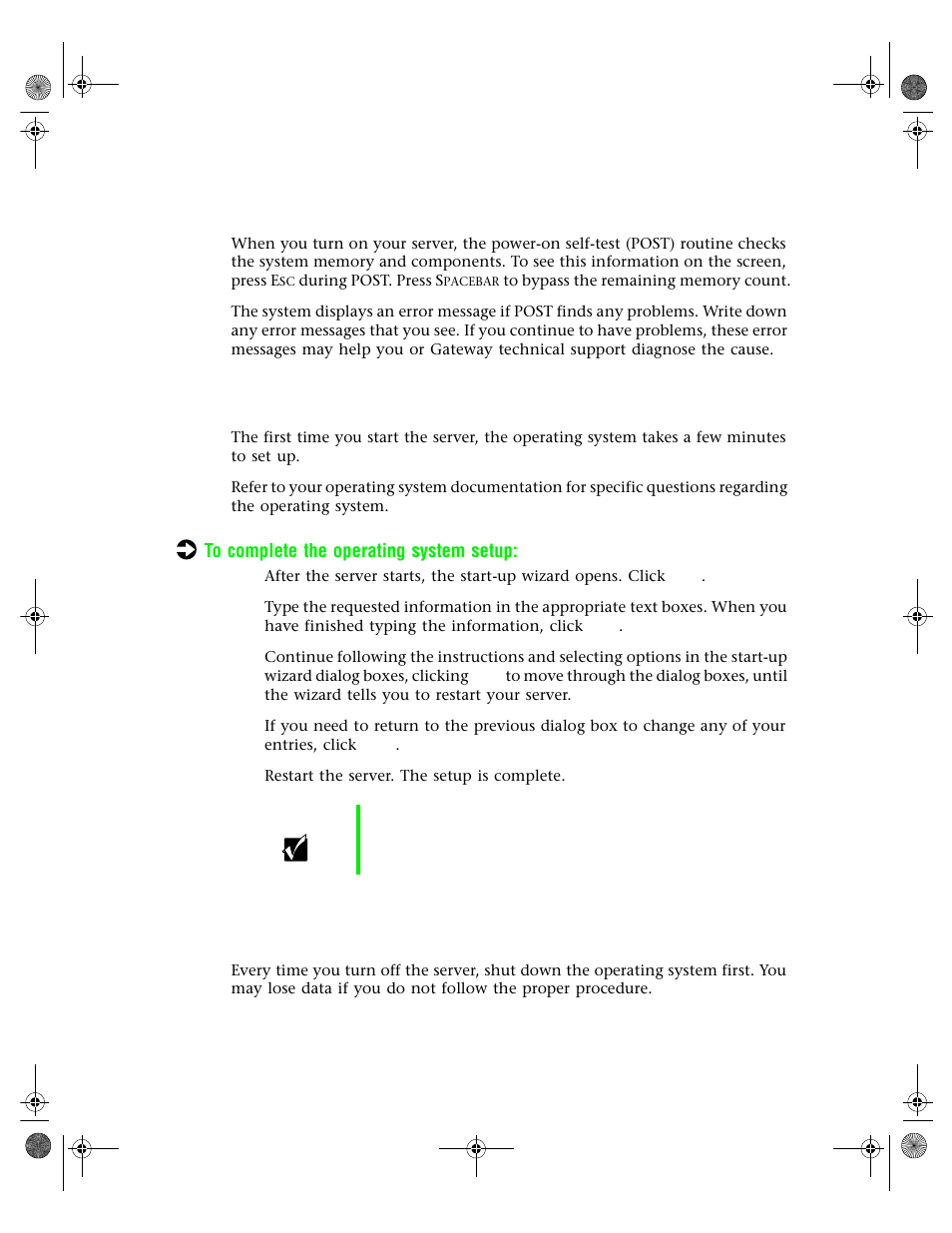 Understanding the power-on self-test, Setting up the operating system, Turning off the server | Gateway 7250R User Manual | Page 20 / 135