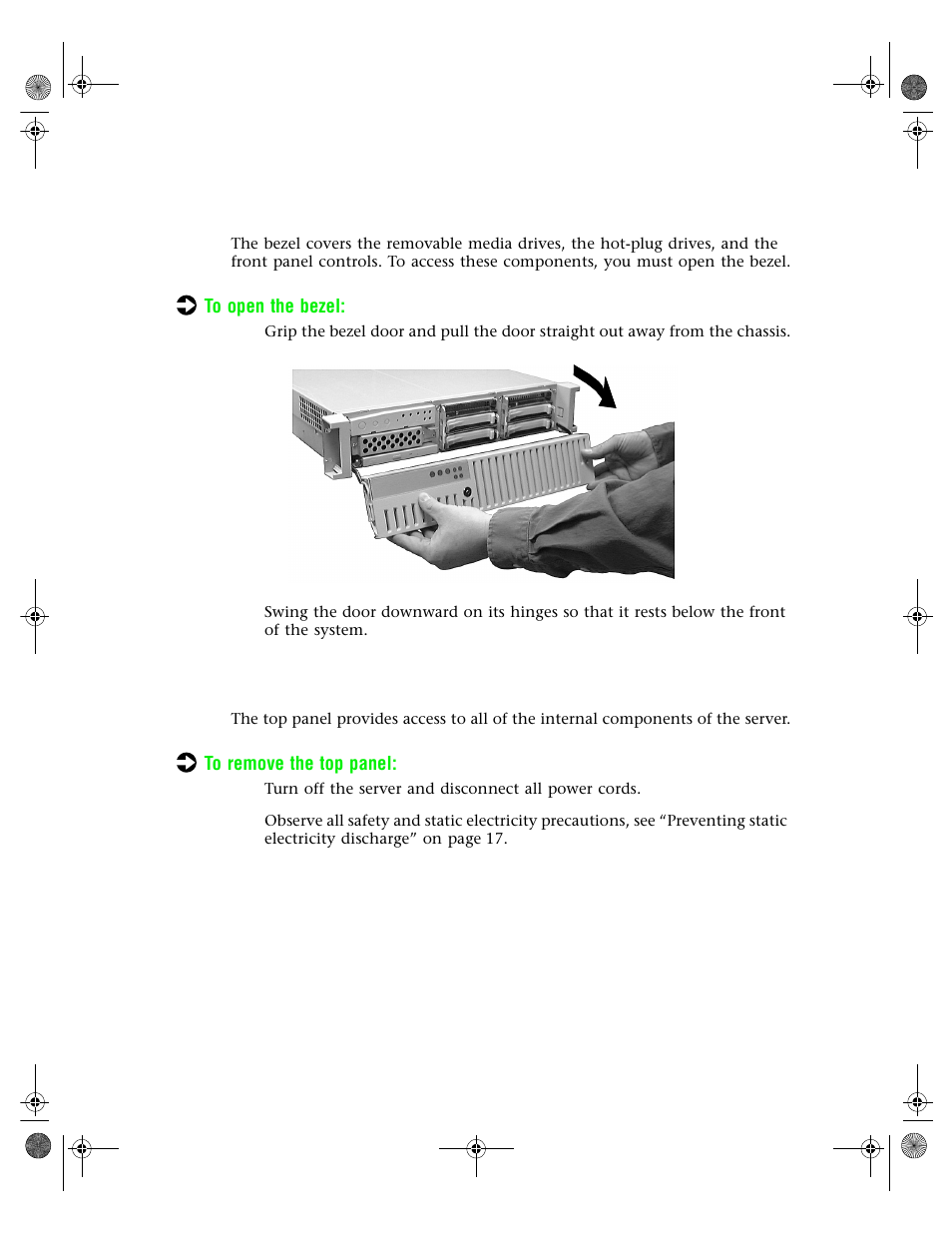 Opening the bezel, Removing the top panel, Opening the bezel removing the top panel | Gateway 7250R User Manual | Page 26 / 135