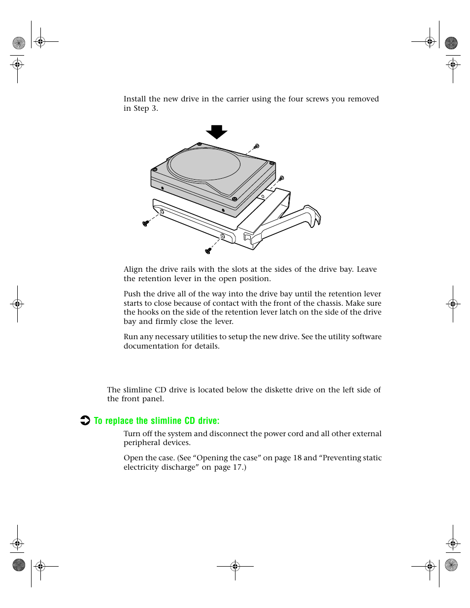 Replacing the slimline cd drive | Gateway 7250R User Manual | Page 37 / 135