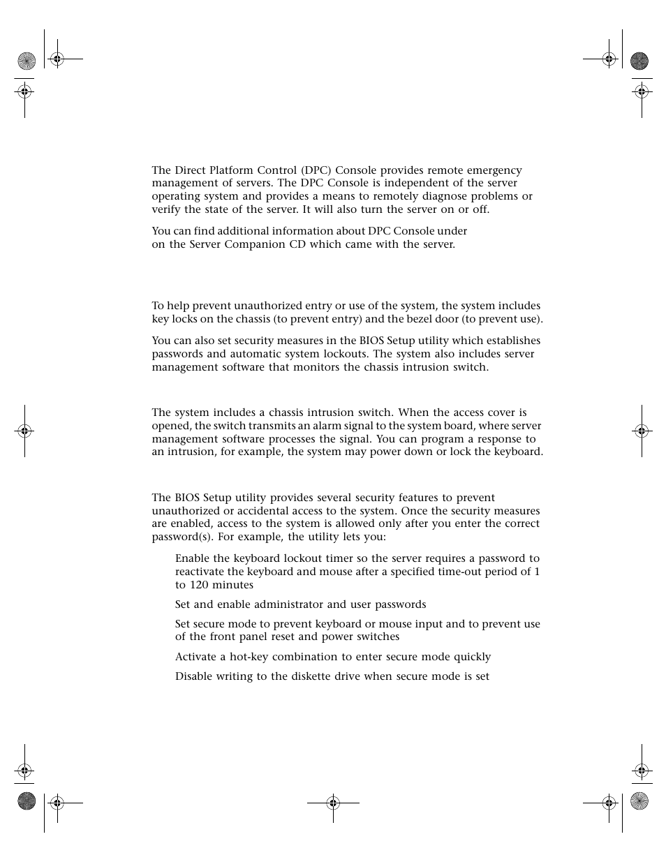 Direct platform control (dpc) console, System security, Mechanical locks and monitoring | Software locks through the bios setup utility | Gateway 7250R User Manual | Page 89 / 135