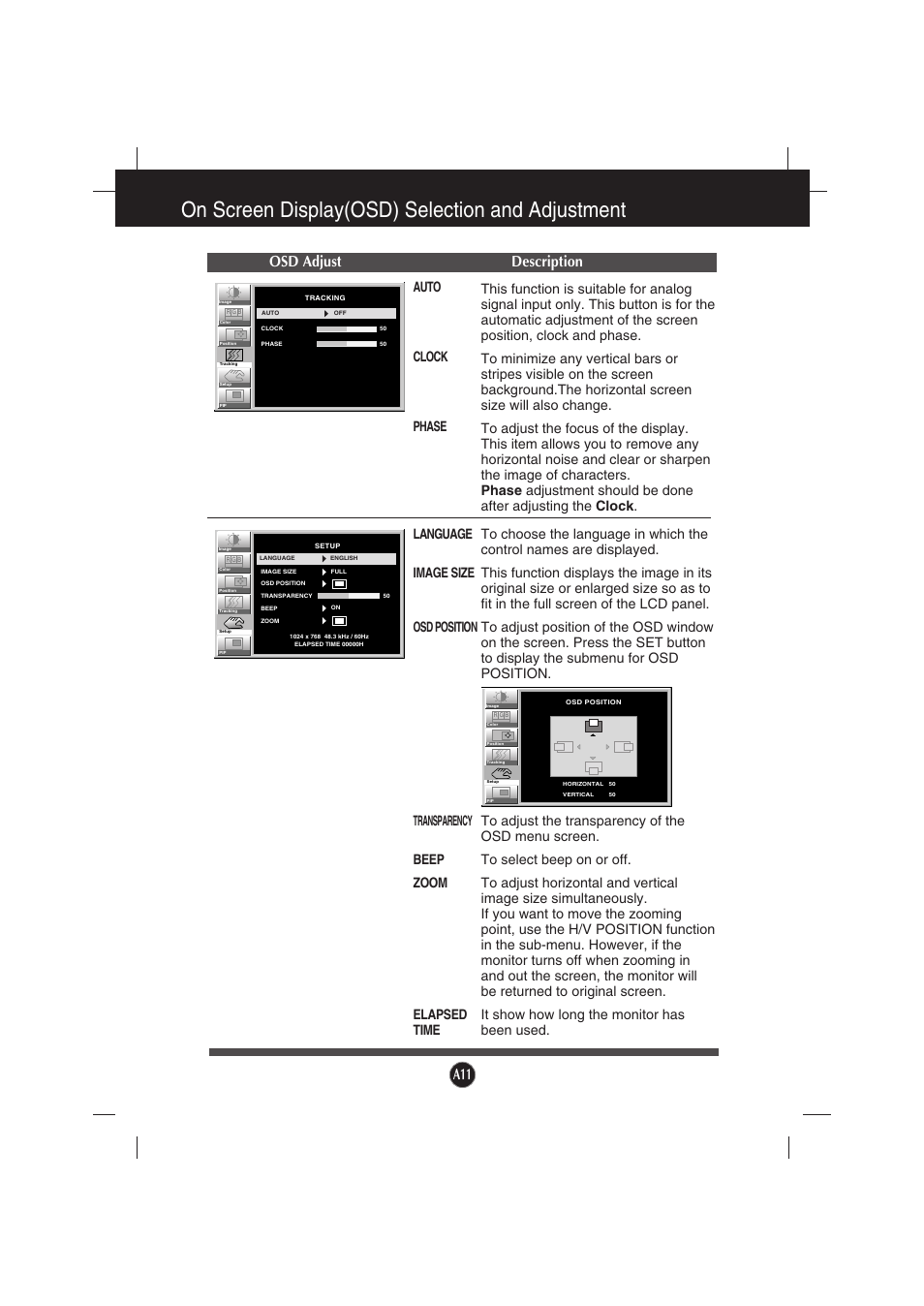 On screen display(osd) selection and adjustment, Osd adjust description | Gateway FPD2200 User Manual | Page 13 / 18