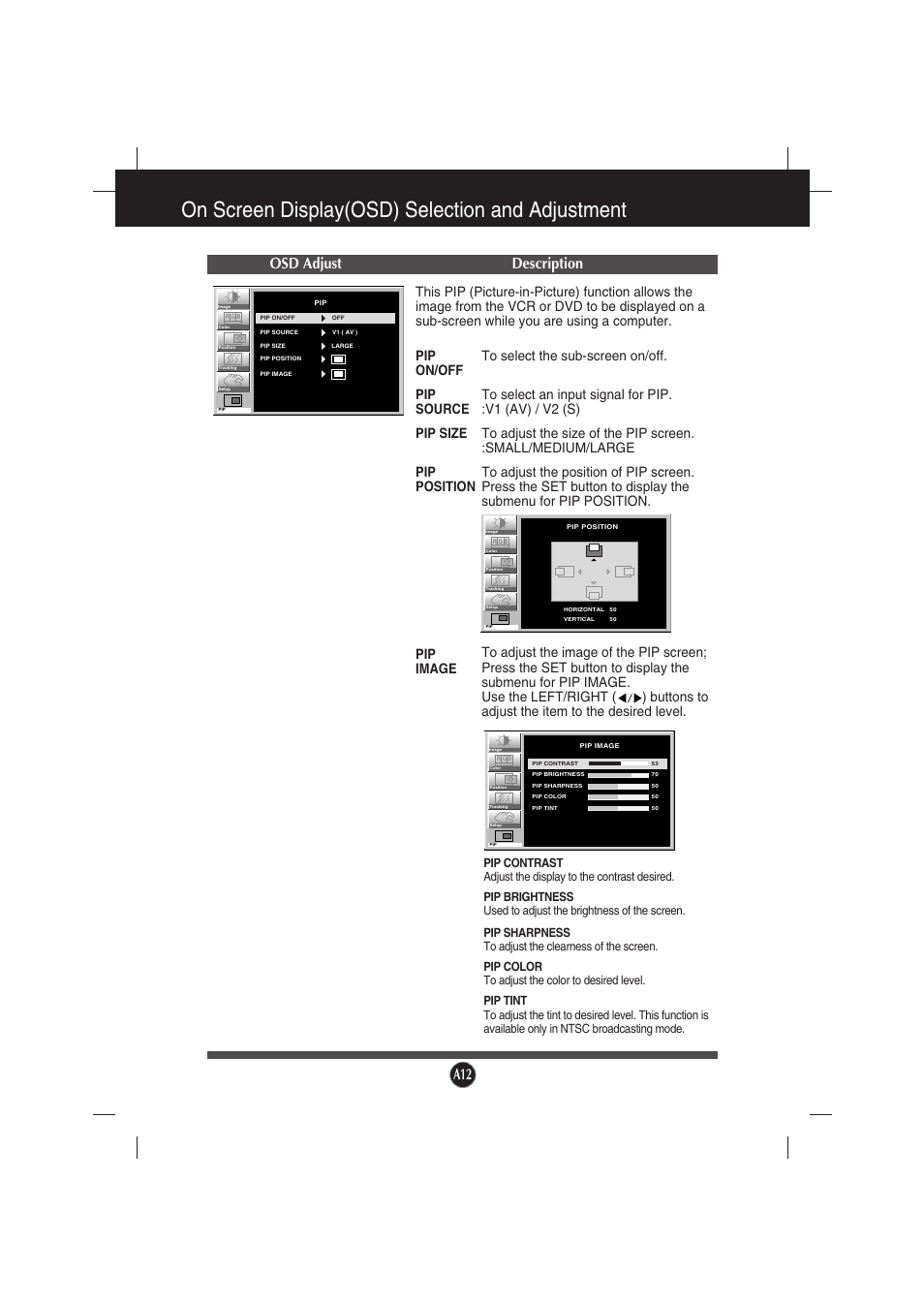 On screen display(osd) selection and adjustment, Osd adjust description | Gateway FPD2200 User Manual | Page 14 / 18