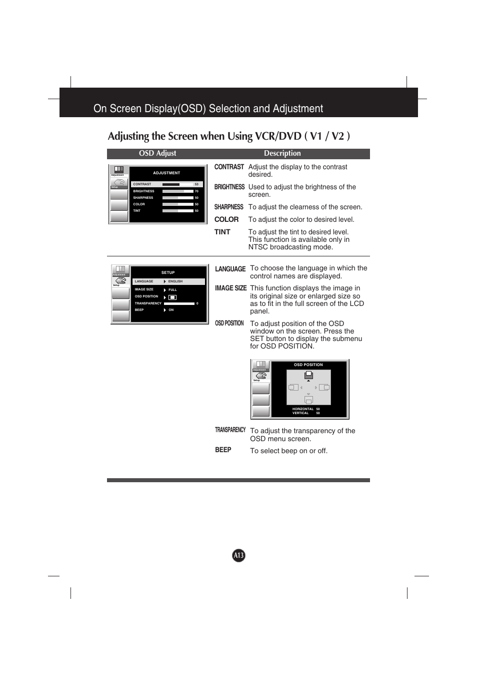 On screen display(osd) selection and adjustment, Osd adjust description | Gateway FPD2200 User Manual | Page 15 / 18