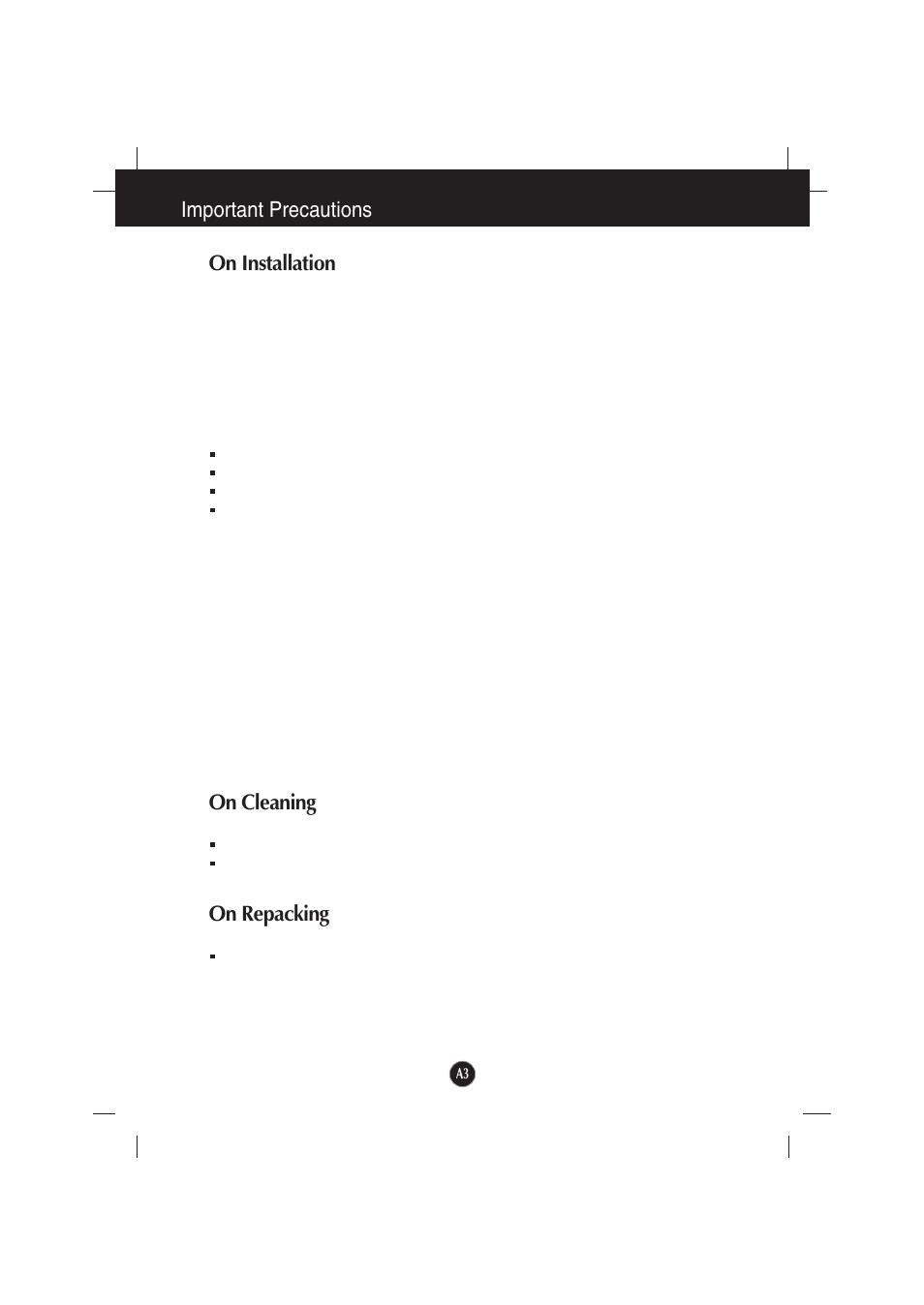Important precautions on installation, On cleaning, On repacking | Gateway FPD2200 User Manual | Page 5 / 18