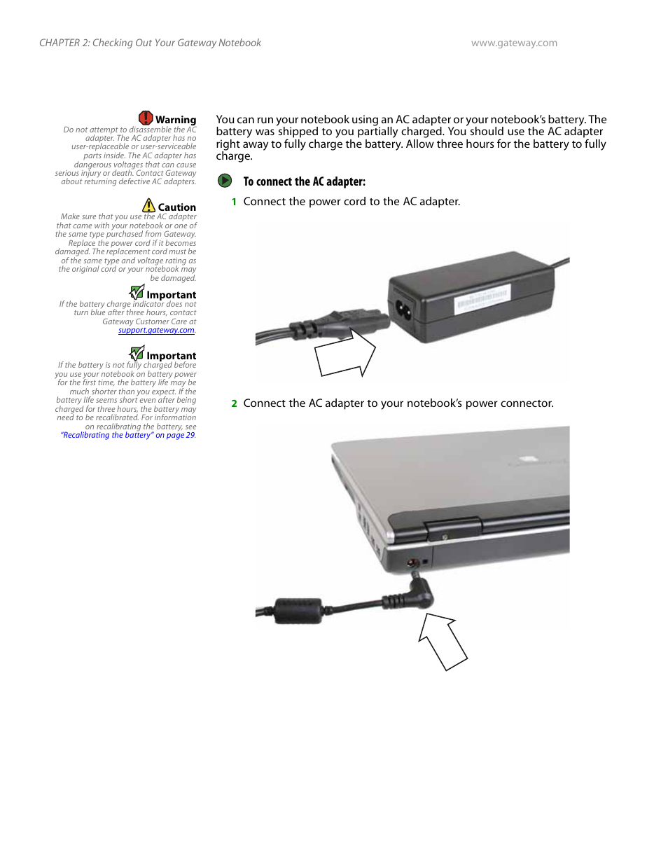Connecting the acadapter, Connecting the ac adapter | Gateway and 6000 Series User Manual | Page 16 / 66