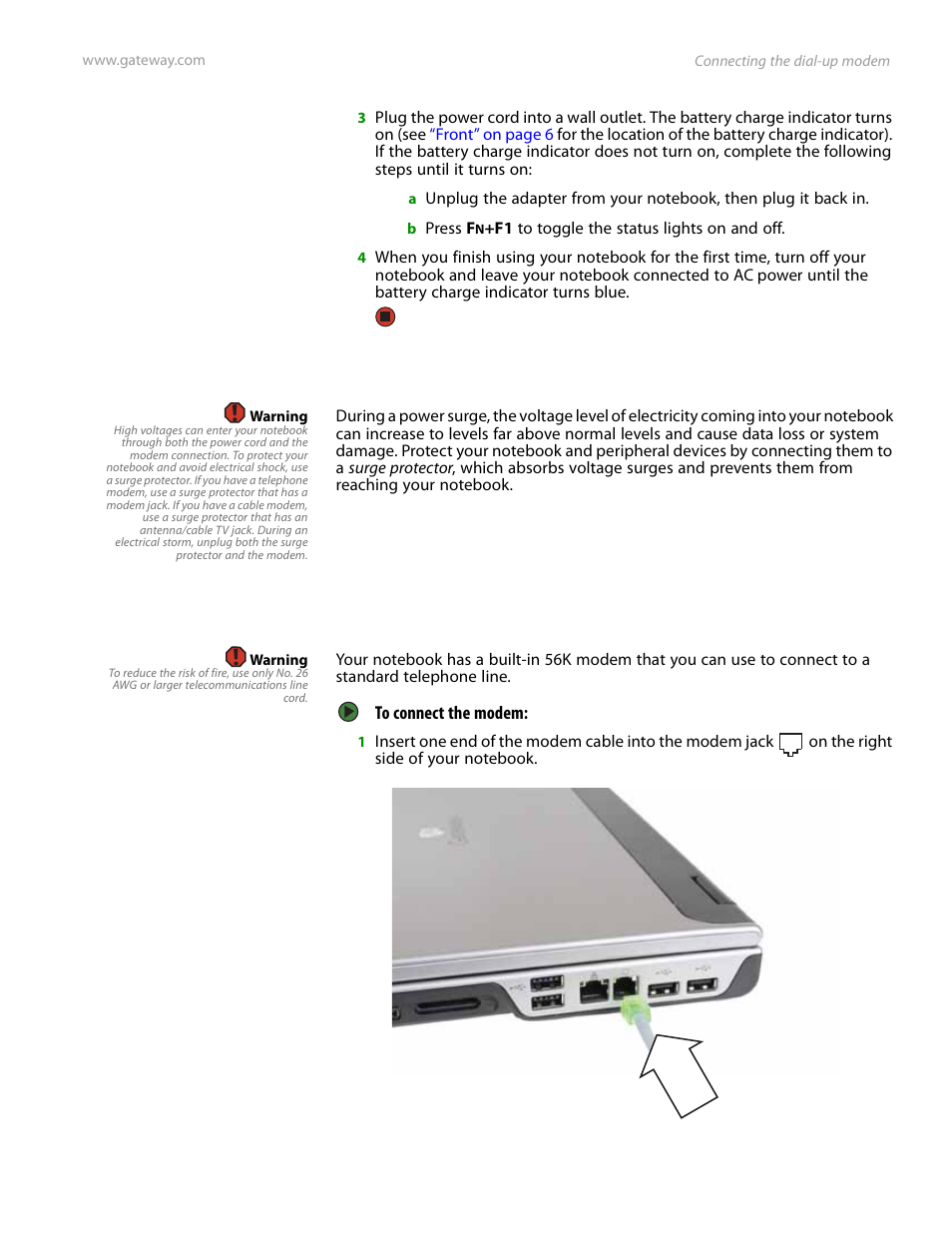 Protecting from power source problems, Connecting the dial-up modem, Connecting the | Gateway and 6000 Series User Manual | Page 17 / 66