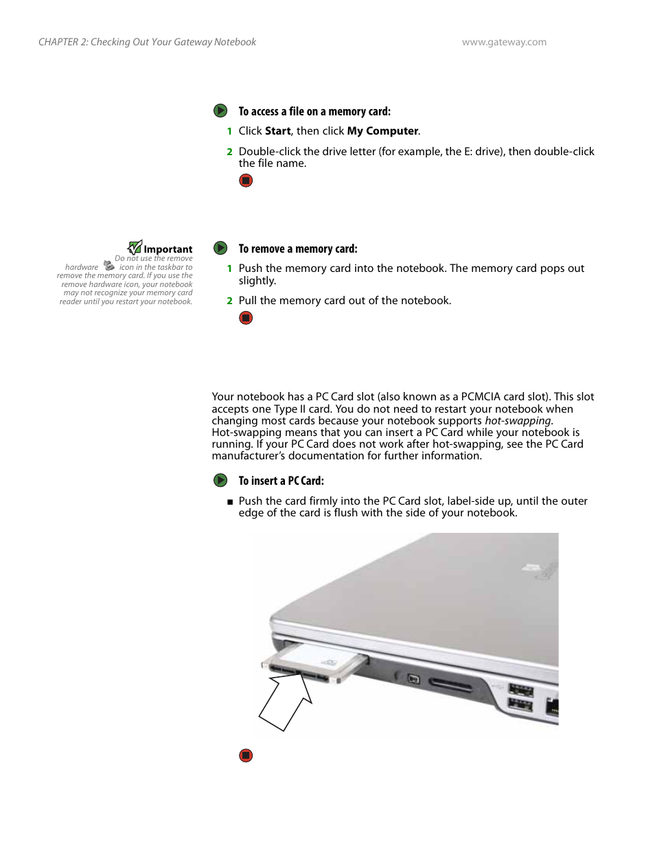 Using a memory card, Removing a memory card, Adding and removing a pccard | Using a memory card removing a memory card, Adding and removing a pc card, Adding and | Gateway and 6000 Series User Manual | Page 30 / 66
