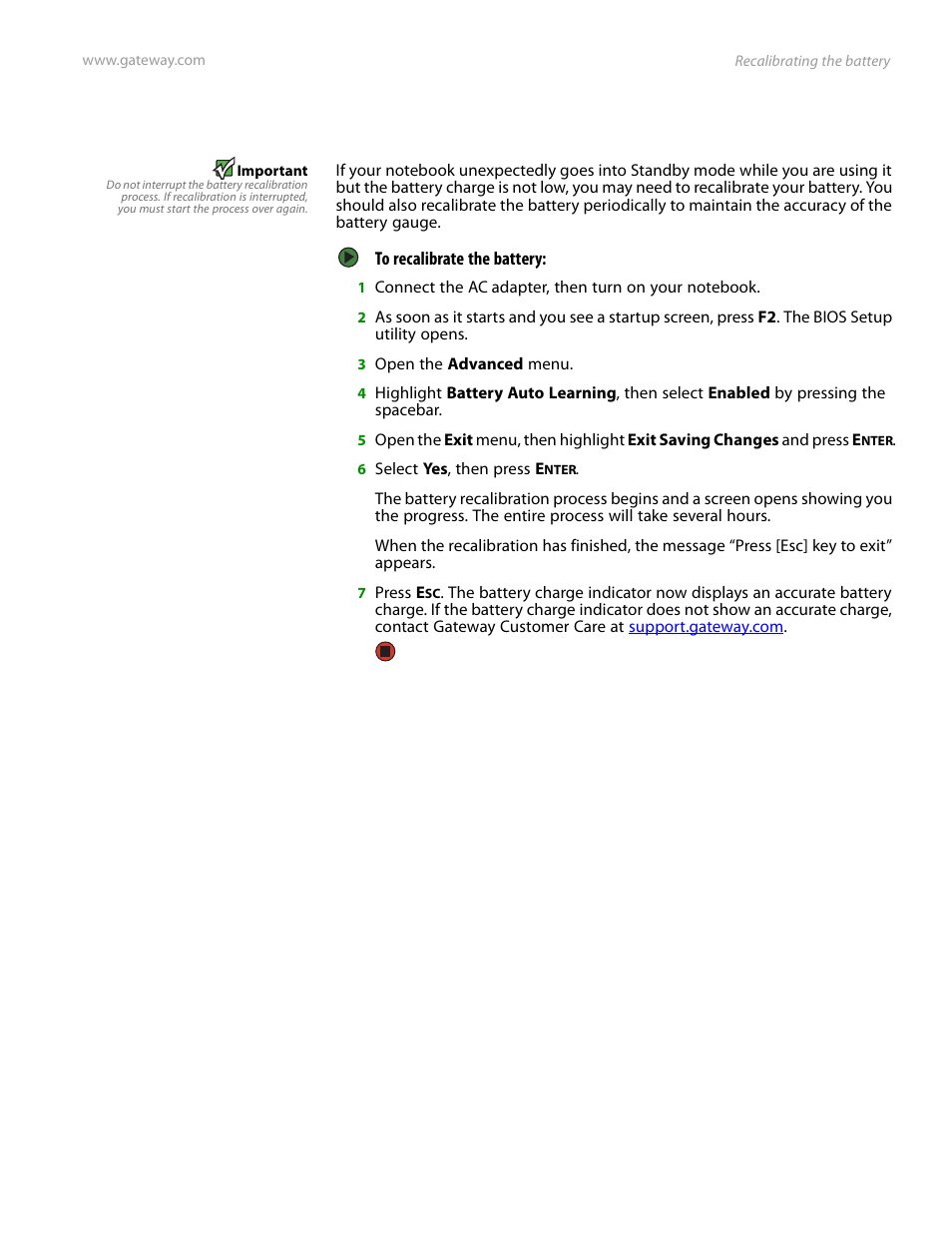 Recalibrating the battery | Gateway and 6000 Series User Manual | Page 33 / 66
