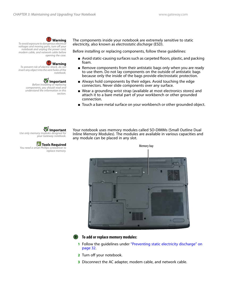 Preventing static electricity discharge, Adding or replacing memory, Adding | Gateway and 6000 Series User Manual | Page 36 / 66