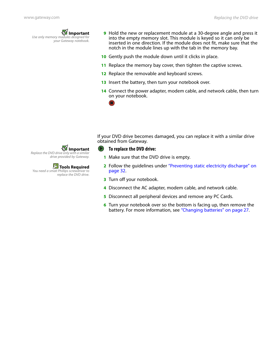Replacing the dvd drive | Gateway and 6000 Series User Manual | Page 39 / 66