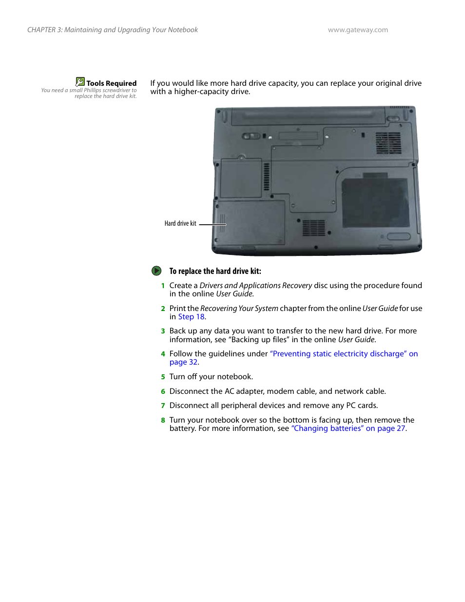 Replacing the hard drive kit, Replacing | Gateway and 6000 Series User Manual | Page 42 / 66