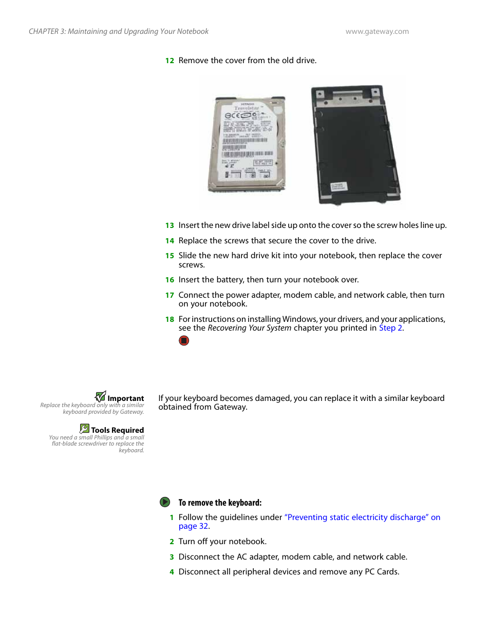 Replacing the keyboard, Removing the keyboard, Step 18 | Gateway and 6000 Series User Manual | Page 44 / 66
