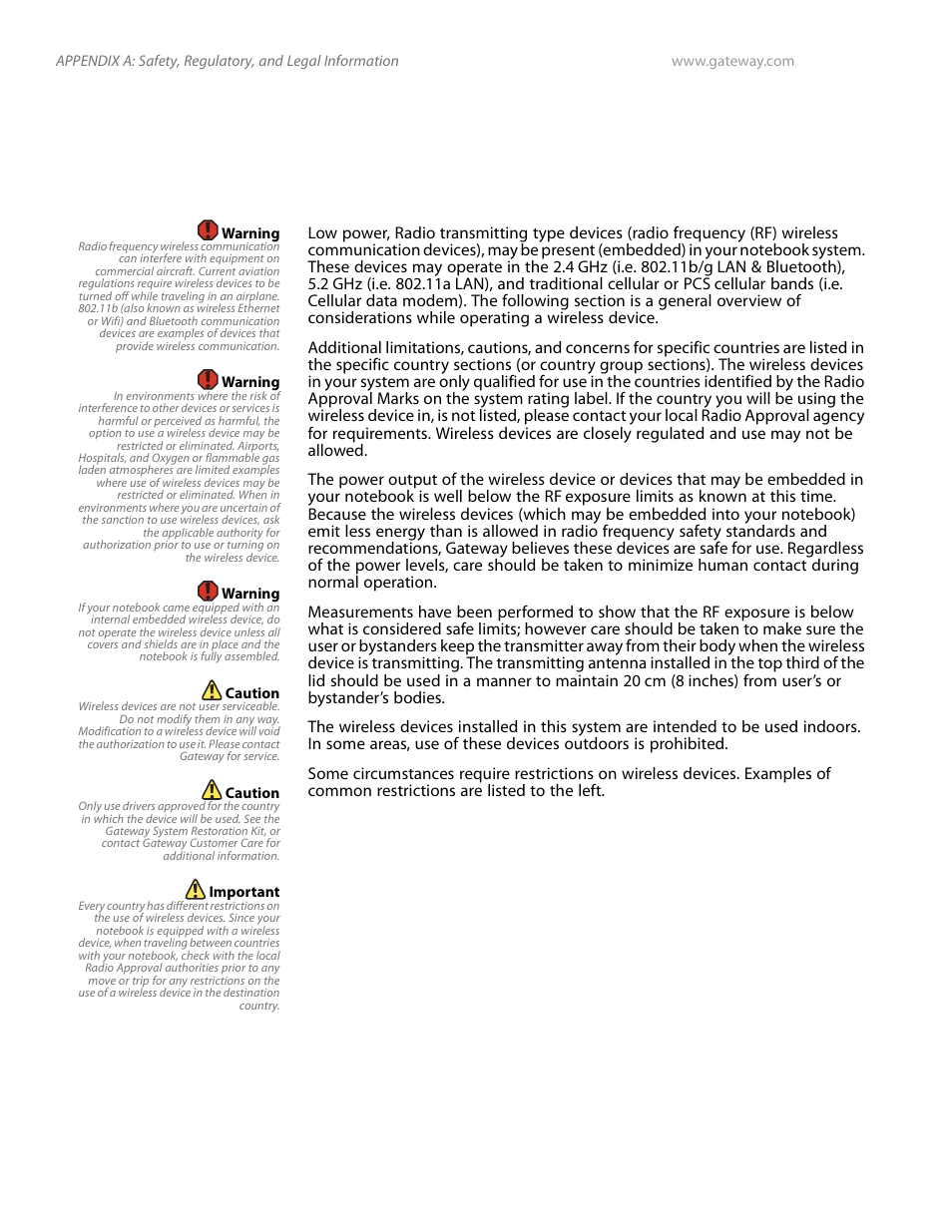 Regulatory compliance statements, Wireless guidance | Gateway and 6000 Series User Manual | Page 52 / 66