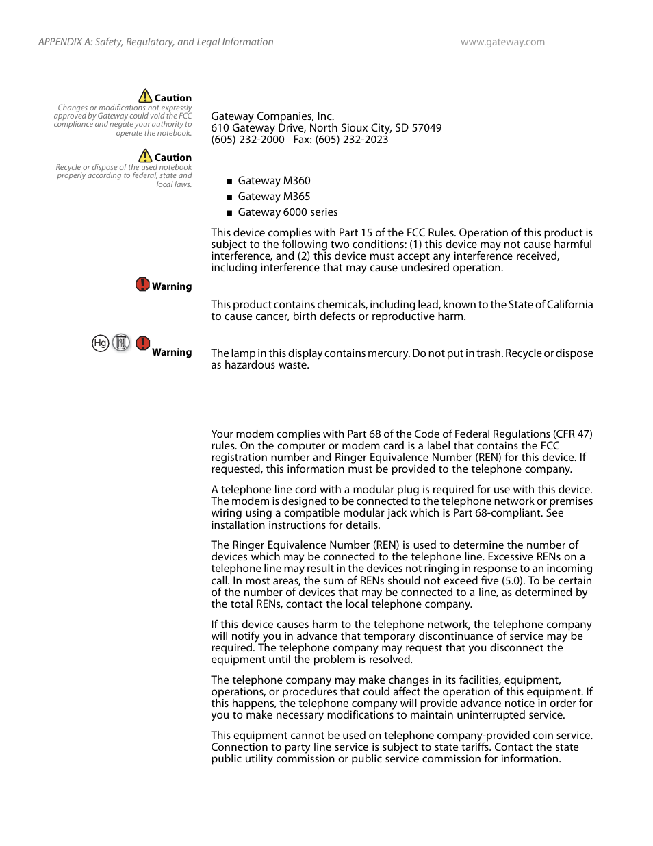Fcc declaration of conformity, Responsible party, California proposition65 warning | Mercury warning | Gateway and 6000 Series User Manual | Page 54 / 66