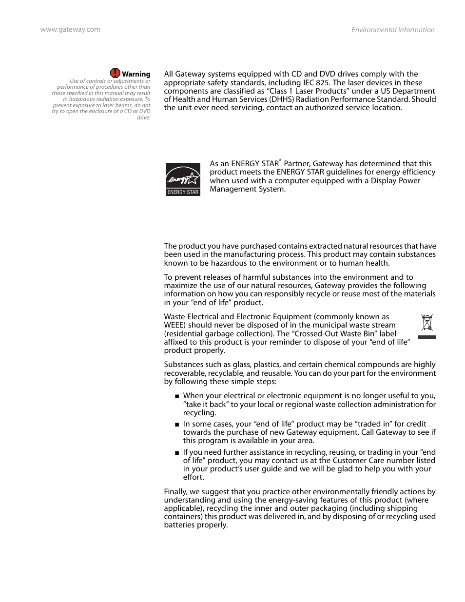 Laser safety statement, Epa energy star, Environmental information | Laser safety statement epa energy star | Gateway and 6000 Series User Manual | Page 57 / 66