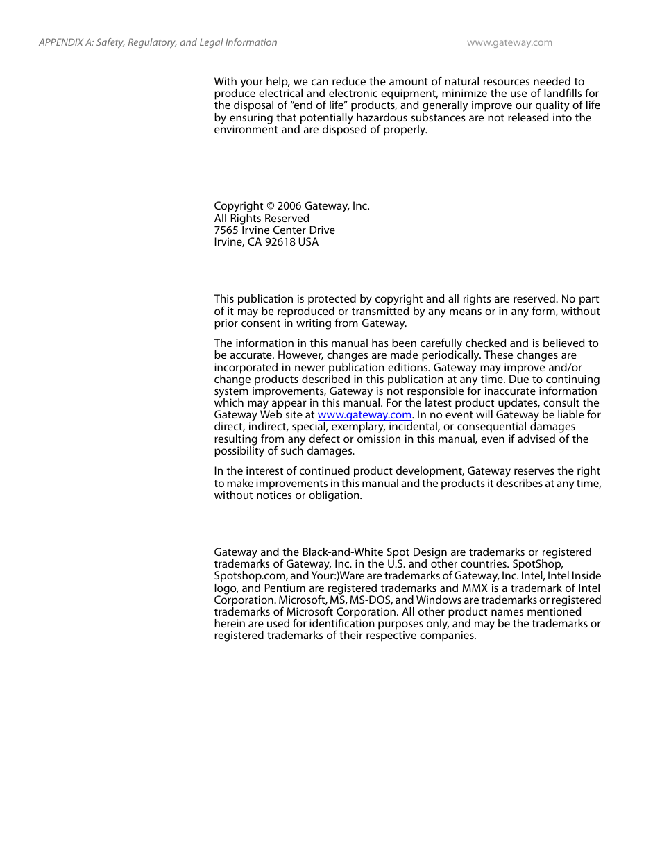 Notices, All rights reserved, Trademark acknowledgments | Gateway and 6000 Series User Manual | Page 58 / 66