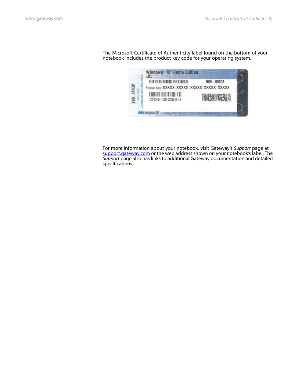 Microsoft certificate of authenticity, For more information | Gateway and 6000 Series User Manual | Page 7 / 66