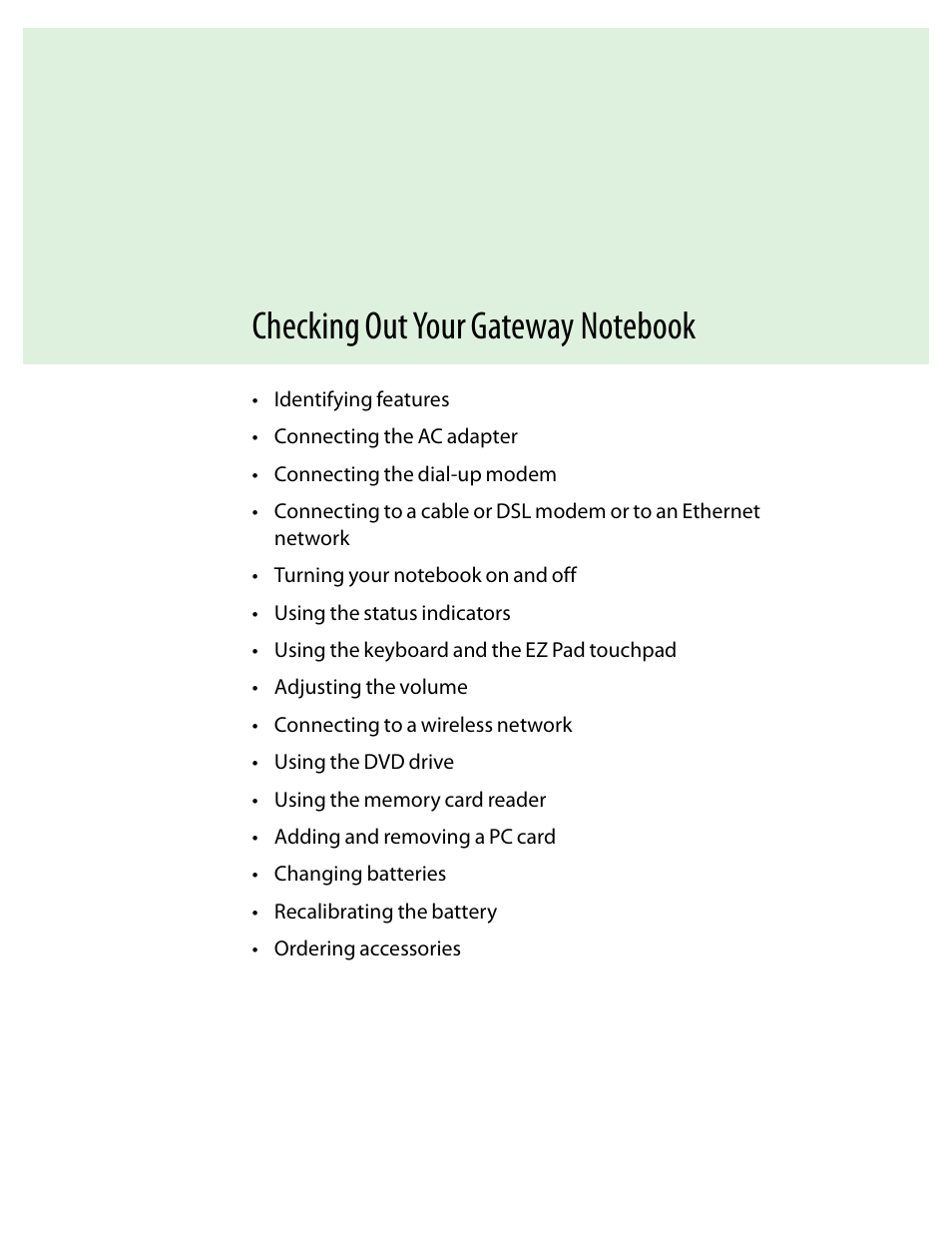 Checking out your gatewaynotebook, Chapter 2: checking out your gateway notebook, Chapter 2 | Gateway and 6000 Series User Manual | Page 9 / 66
