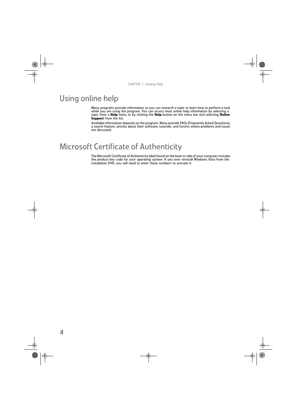 Using online help, Microsoft certificate of authenticity | Gateway DX430X User Manual | Page 10 / 96