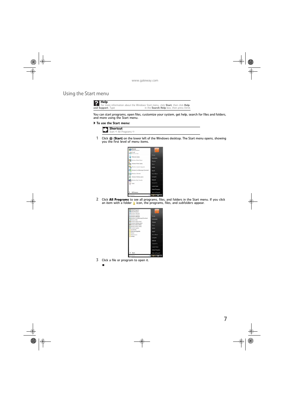 Using the start menu, To use the start menu | Gateway DX430X User Manual | Page 13 / 96