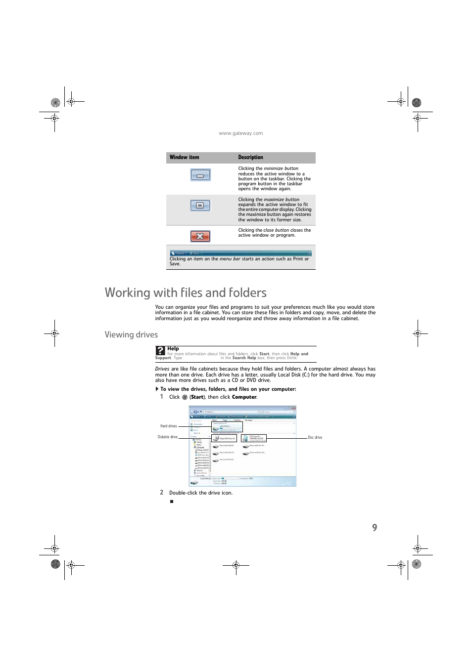 Working with files and folders, Viewing drives | Gateway DX430X User Manual | Page 15 / 96