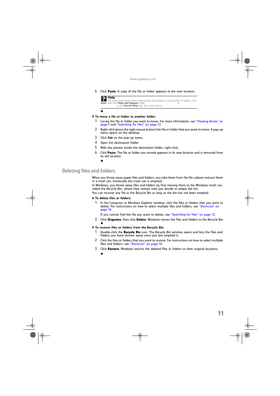 To move a file or folder to another folder, Deleting files and folders, To delete files or folders | To recover files or folders from the recycle bin | Gateway DX430X User Manual | Page 17 / 96