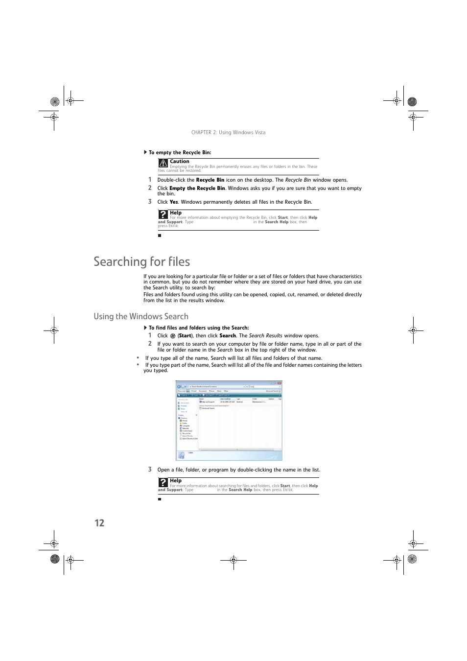 To empty the recycle bin, Searching for files, Using the windows search | To find files and folders using the search | Gateway DX430X User Manual | Page 18 / 96